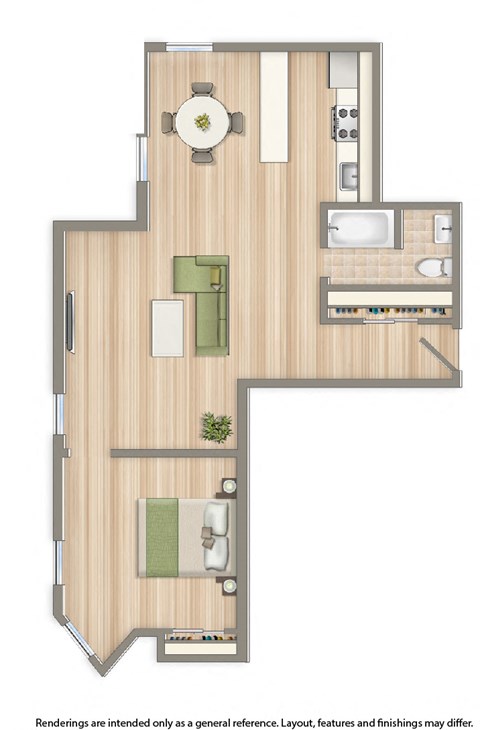 dupont apartments one bedroom floor plan rendering
